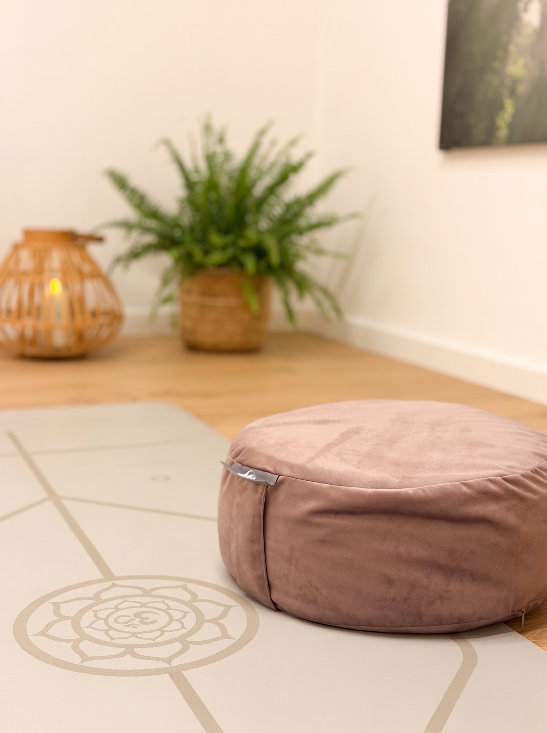 Rosa Meditationskissen auf einer Yogamatte im INNENRAUM Yogaraum in Manching